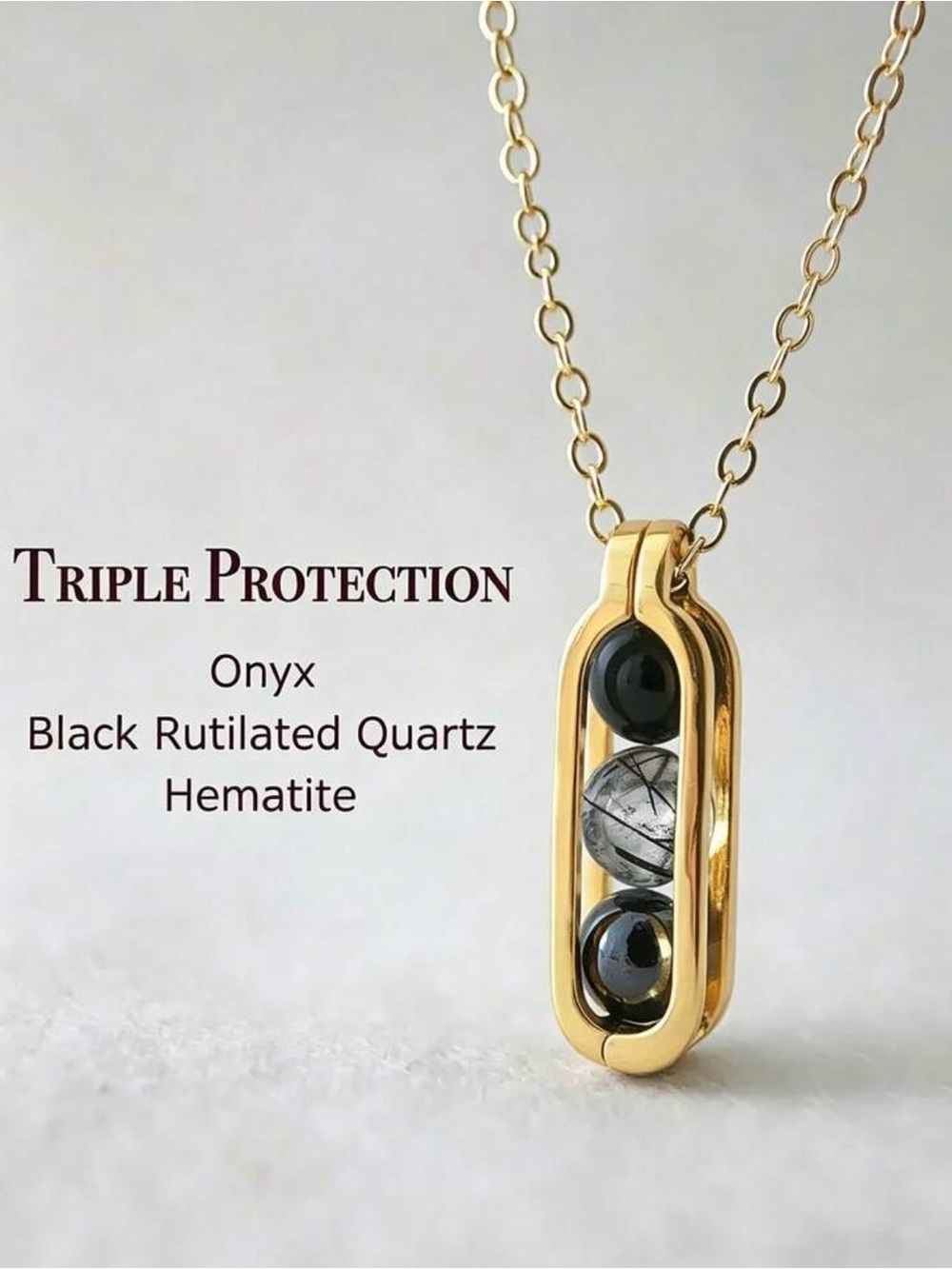 Triple Protection Gold Pendant Necklace with Black Onyx & Rutilated Quartz